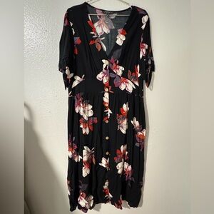 Primark Black Floral Midi Length Dress either Front Buttons